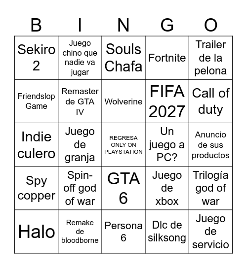 State Of Play Bingo Card
