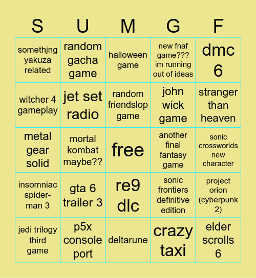 summer game fest bingo Card