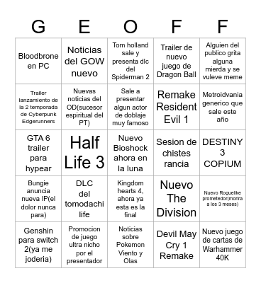 Summer Game Fest 2025 Bingo Card