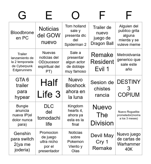 Summer Game Fest 2025 Bingo Card