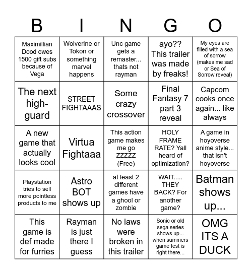 State of Play Bingo Card