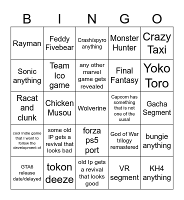 State of Play Bingo Card