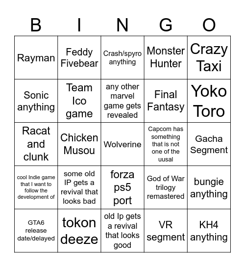 State of Play Bingo Card
