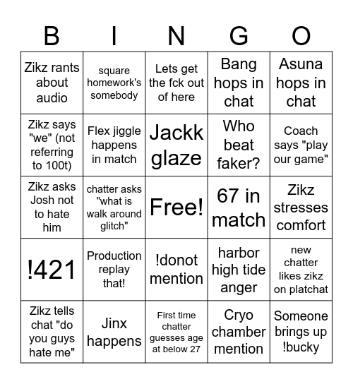 Zikz stream bingo Card
