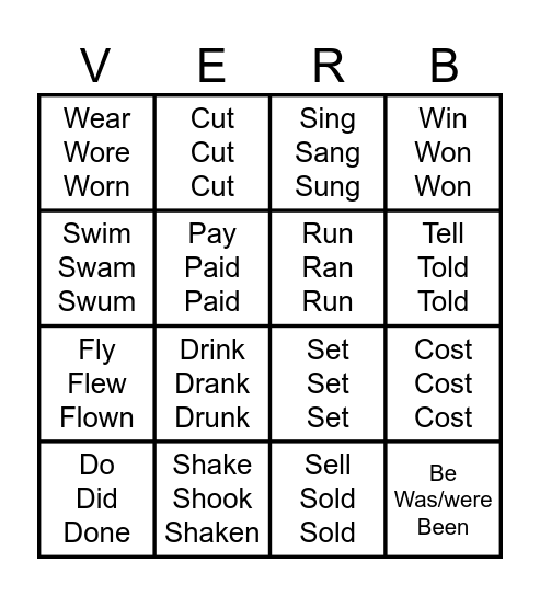 Irregular Verbs Bingo Card