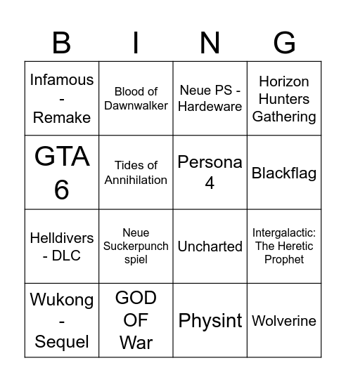 PS EVENT Bingo Card