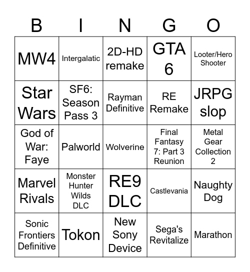 Sony Country of Play! Bingo Card