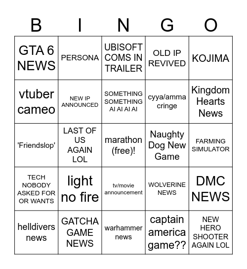 State Of Play 2026 JUNE Bingo Card
