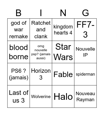 SONY STATE OF PLAY Bingo Card