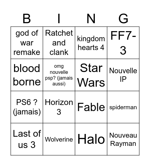 SONY STATE OF PLAY Bingo Card