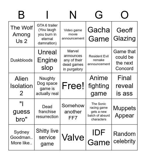 Sony State of Play Bingo Card