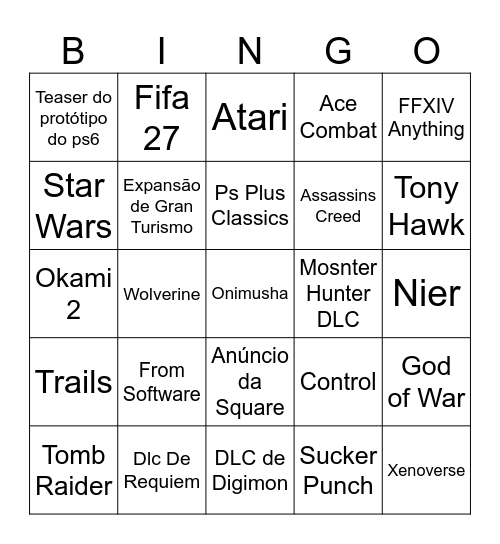 Sony State of Play Bingo Card