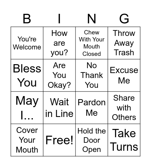 Manners Bingo Card