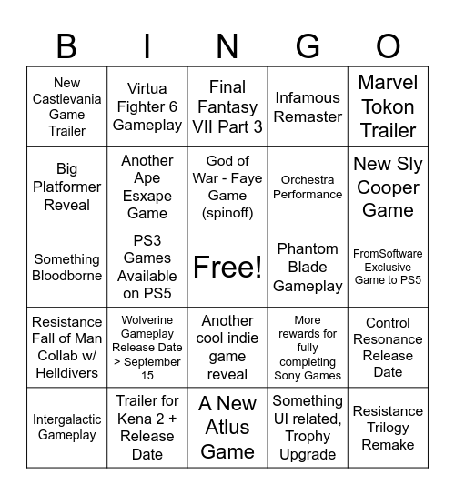Playstation State of Play 2026 Bingo Card