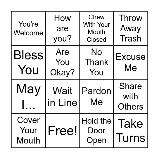 Manners Bingo Card