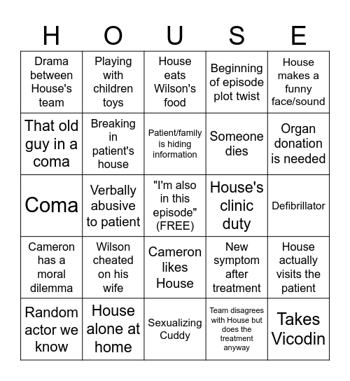 House M.D. Bingo Card