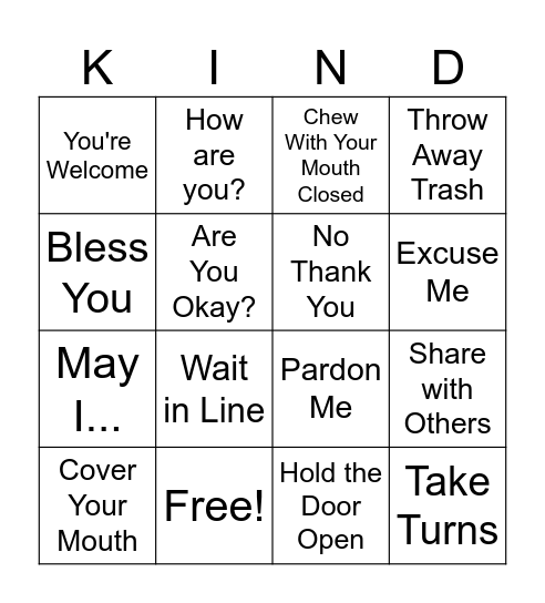 Manners Bingo Card