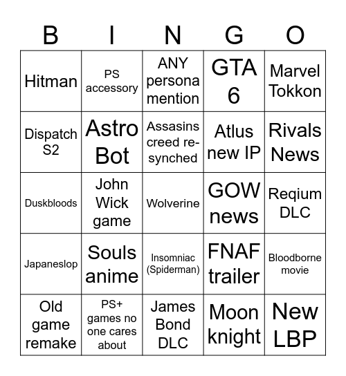 State of play BINGO Card