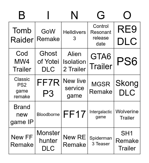State of Play Bingo Card