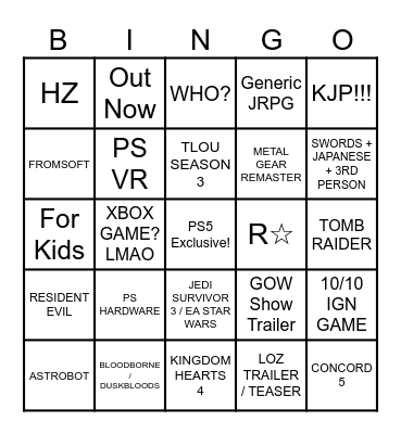 Sony State of Play Bingo Card