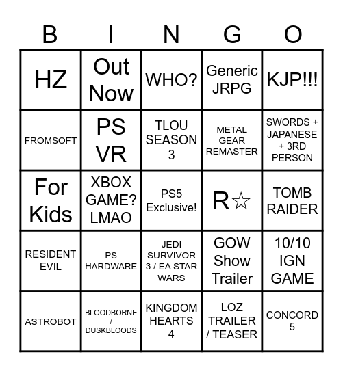 Sony State of Play Bingo Card