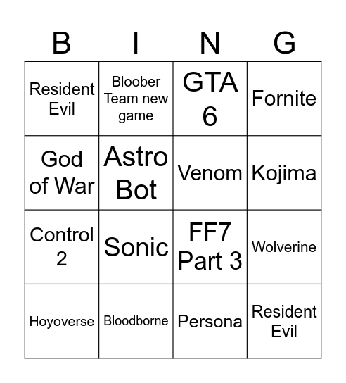 State of Play Bingo Card