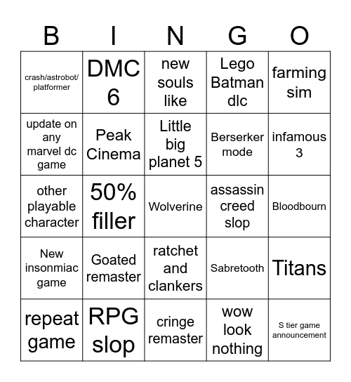 State of Play Bingo Card