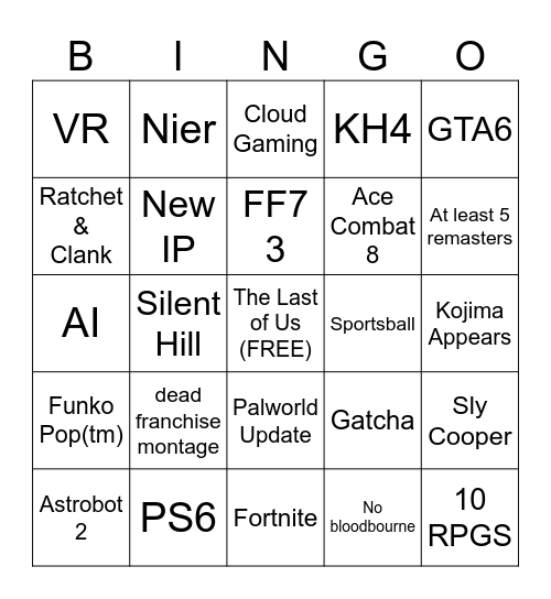 Sony State of Play Bingo Card