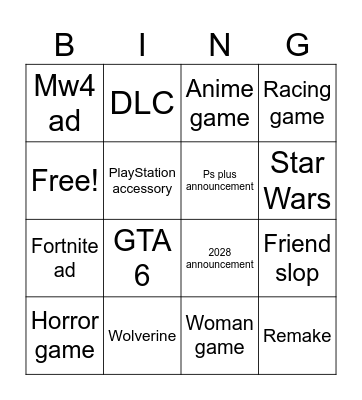 PlayStation slop Bingo Card