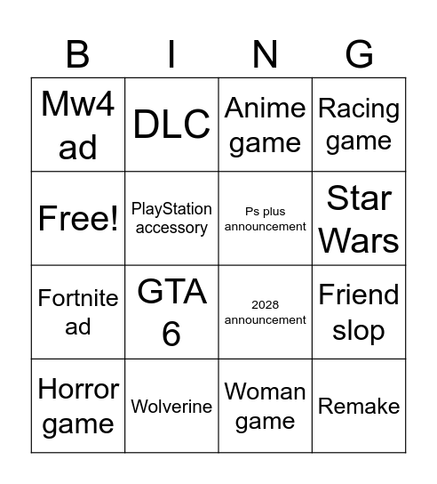 PlayStation slop Bingo Card