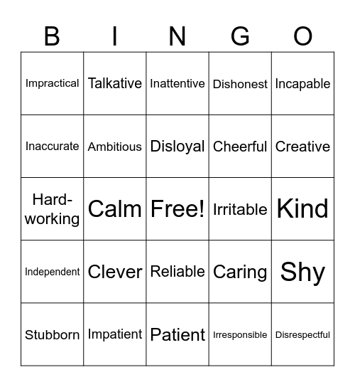 "Personality" a2-b1 Bingo Card