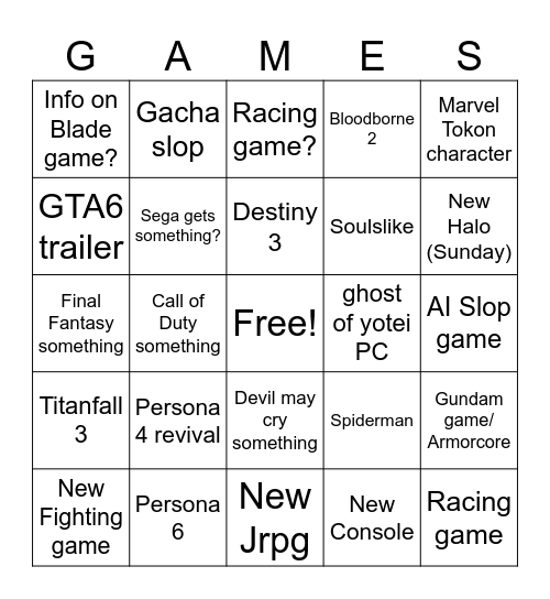 Games this week Bingo Card