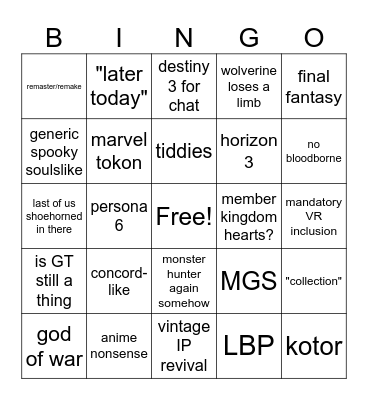pisser Bingo Card