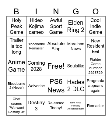 State of Play Bingo Card