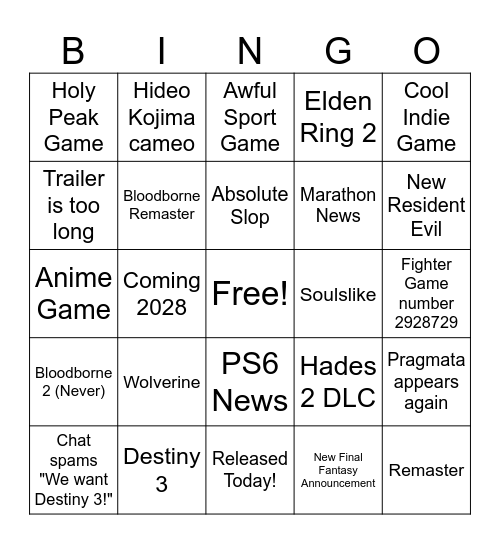 State of Play Bingo Card