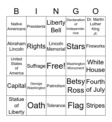 America the Beautiful Bingo Card