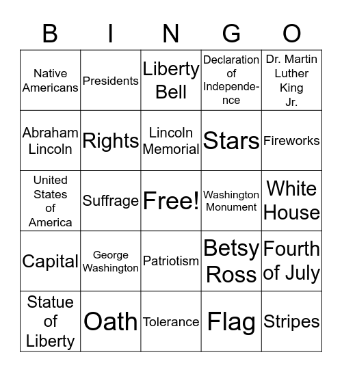 America the Beautiful Bingo Card