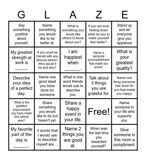 Self-Esteem Bingo! Bingo Card