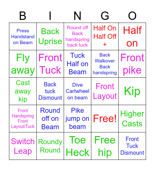 Girls Inc Gymnastics Bingo Card