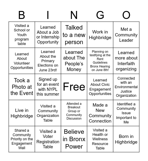 Civic Engagement Bingo Card Bingo Card