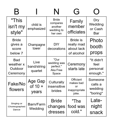 Four Weddings Bingo Card