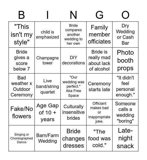 Four Weddings Bingo Card