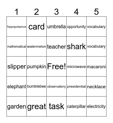 syllables Bingo Card
