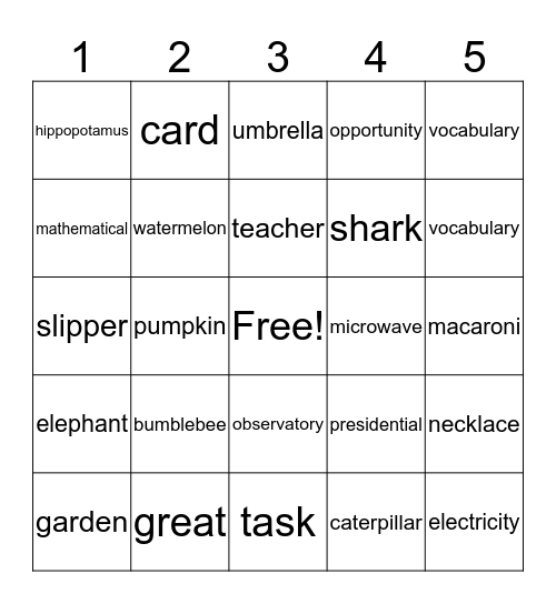 syllables Bingo Card