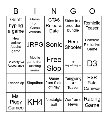 Summer Game Fest Predictions Bingo Card