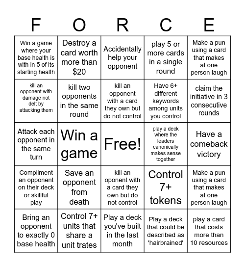 Game Kastle Twin Suns (force)Bingo Card