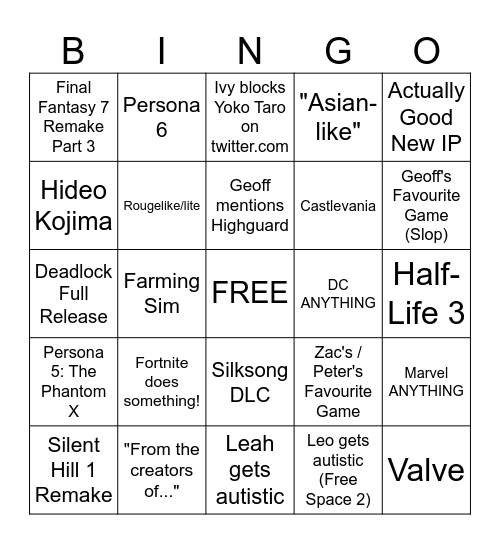 Summer Games Fest 2026 Bingo Card