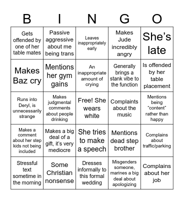 Robin at the Wedding Bingo Card