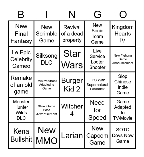 Summer Games Fest Announcements Bingo Card