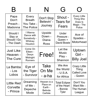 Alcock Music Bingo - 1980s Bingo Card